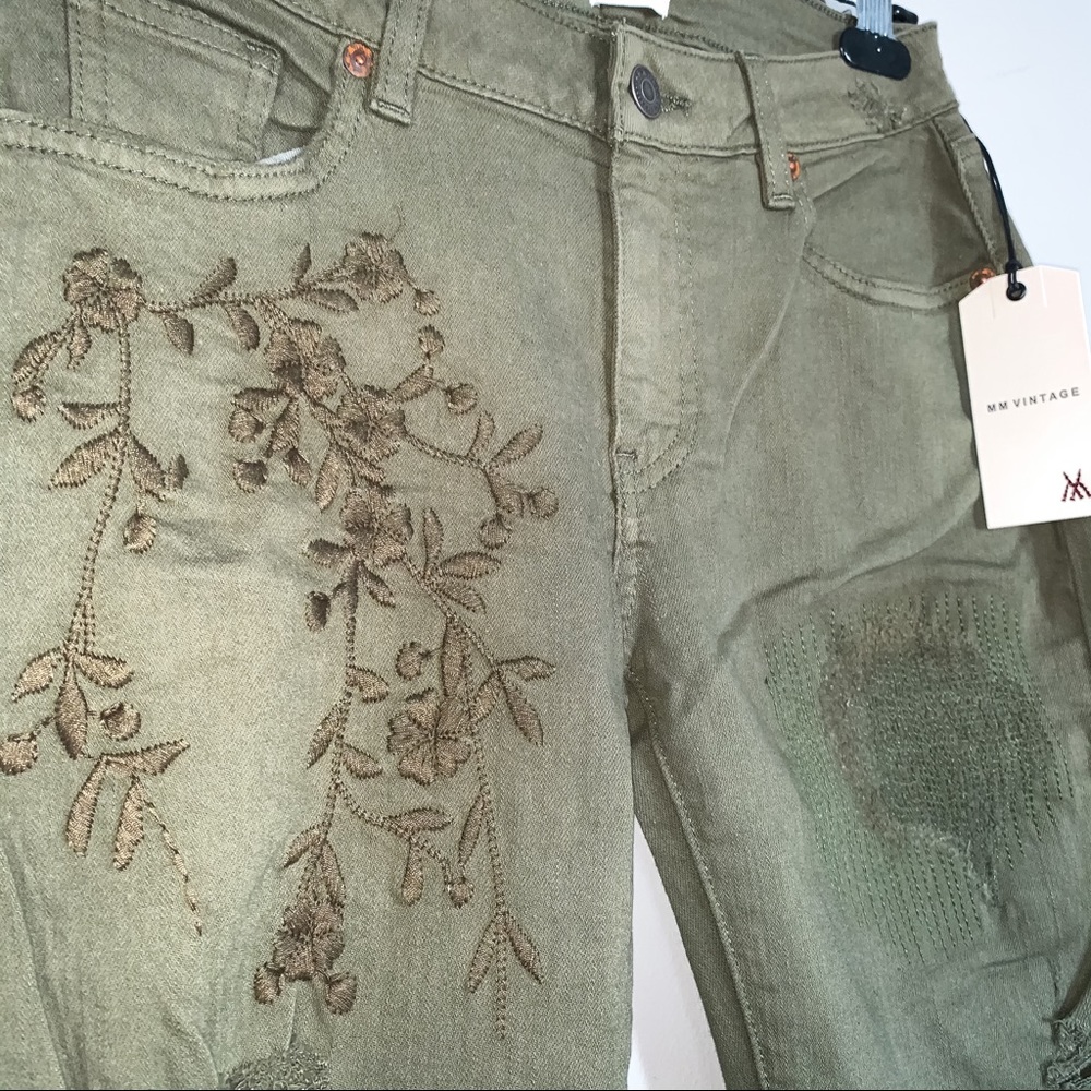 MissMe Vintage • Olive Green, Embroidered Jeans